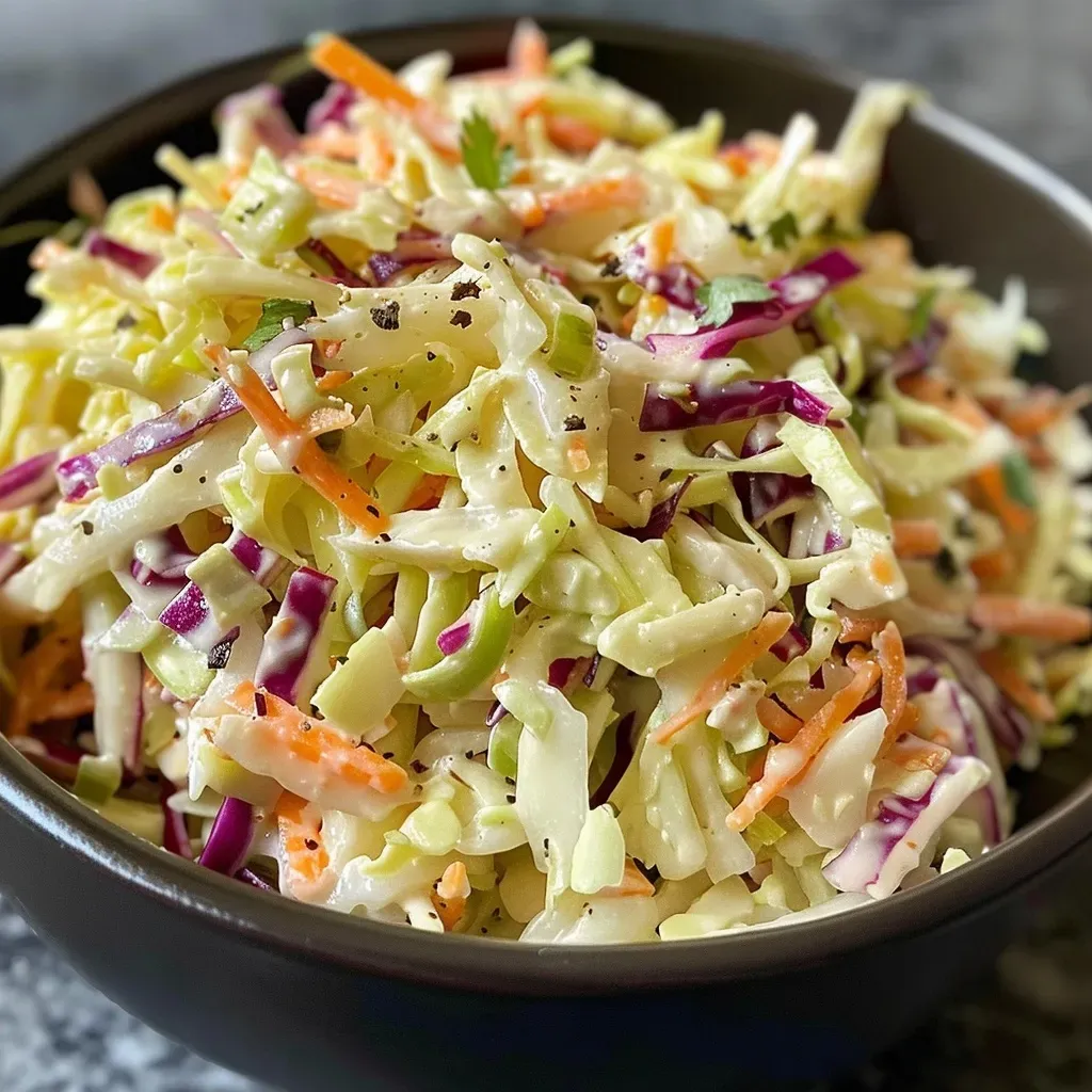 Side view of a creamy Quick Coleslaw, highlighting its fresh ingredients and texture.