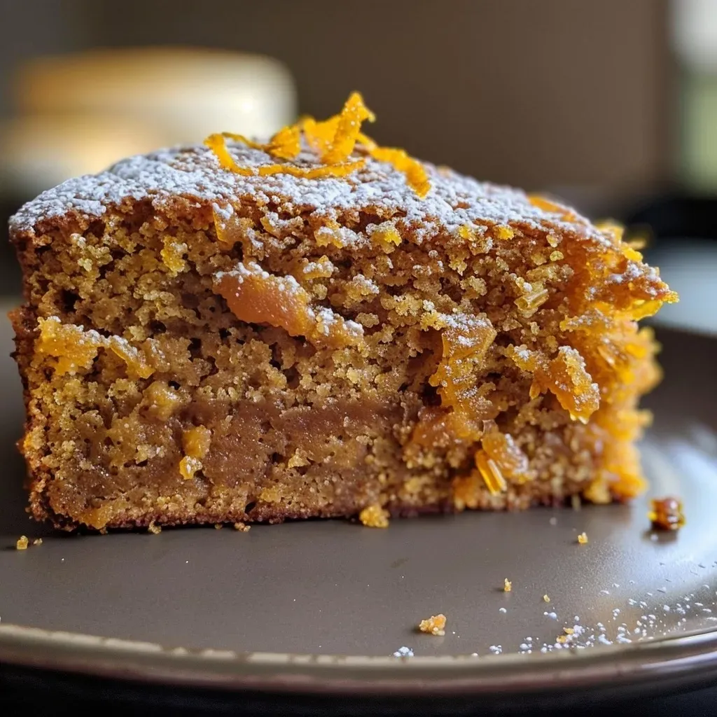 Side angle of a deliciously topped butternut squash cake, showcasing its moist texture.