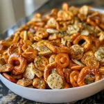 Close-up view of a colorful Ranch Pretzel Snack Mix featuring pretzels, goldfish crackers, and oyster crackers.