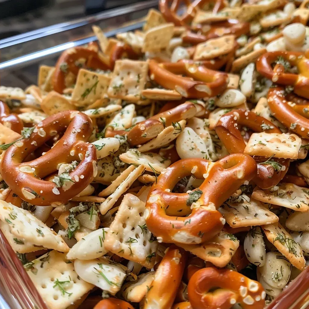 A side view of a bowl filled with Ranch Pretzel Snack Mix, showcasing pretzels and crackers with a zesty seasoning coating.