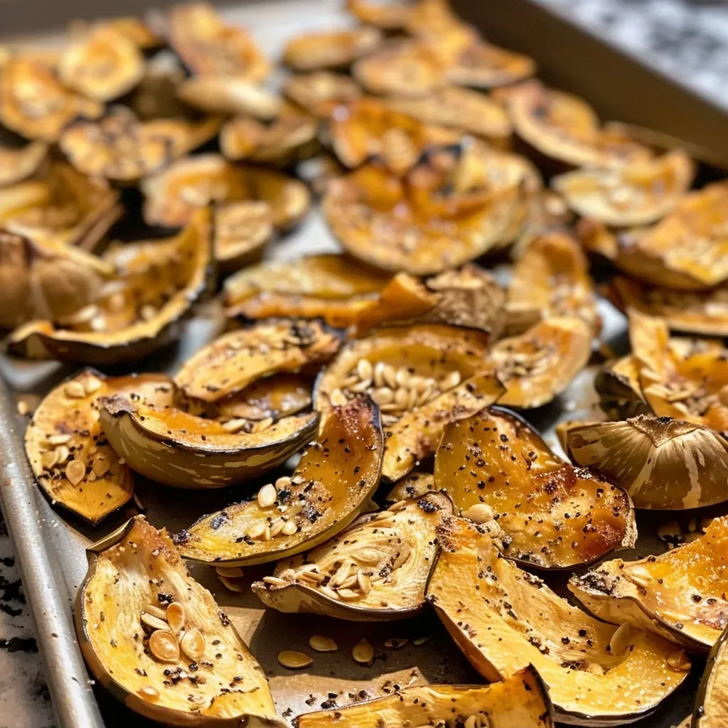 A side view of crispy, golden-brown roasted acorn squash seeds.