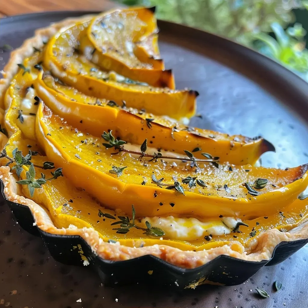 Side view of a delicious Roasted Acorn Squash Tart with a flaky crust, vibrant squash filling, and herbs.