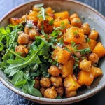 A vibrant roasted butternut squash and chickpea bowl garnished with fresh greens.