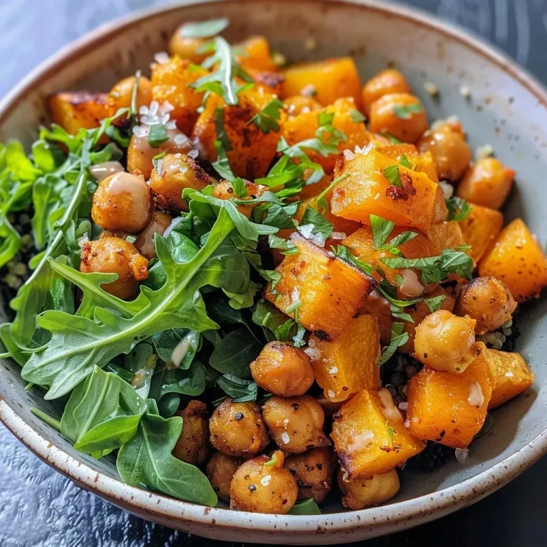 A vibrant roasted butternut squash and chickpea bowl garnished with fresh greens.