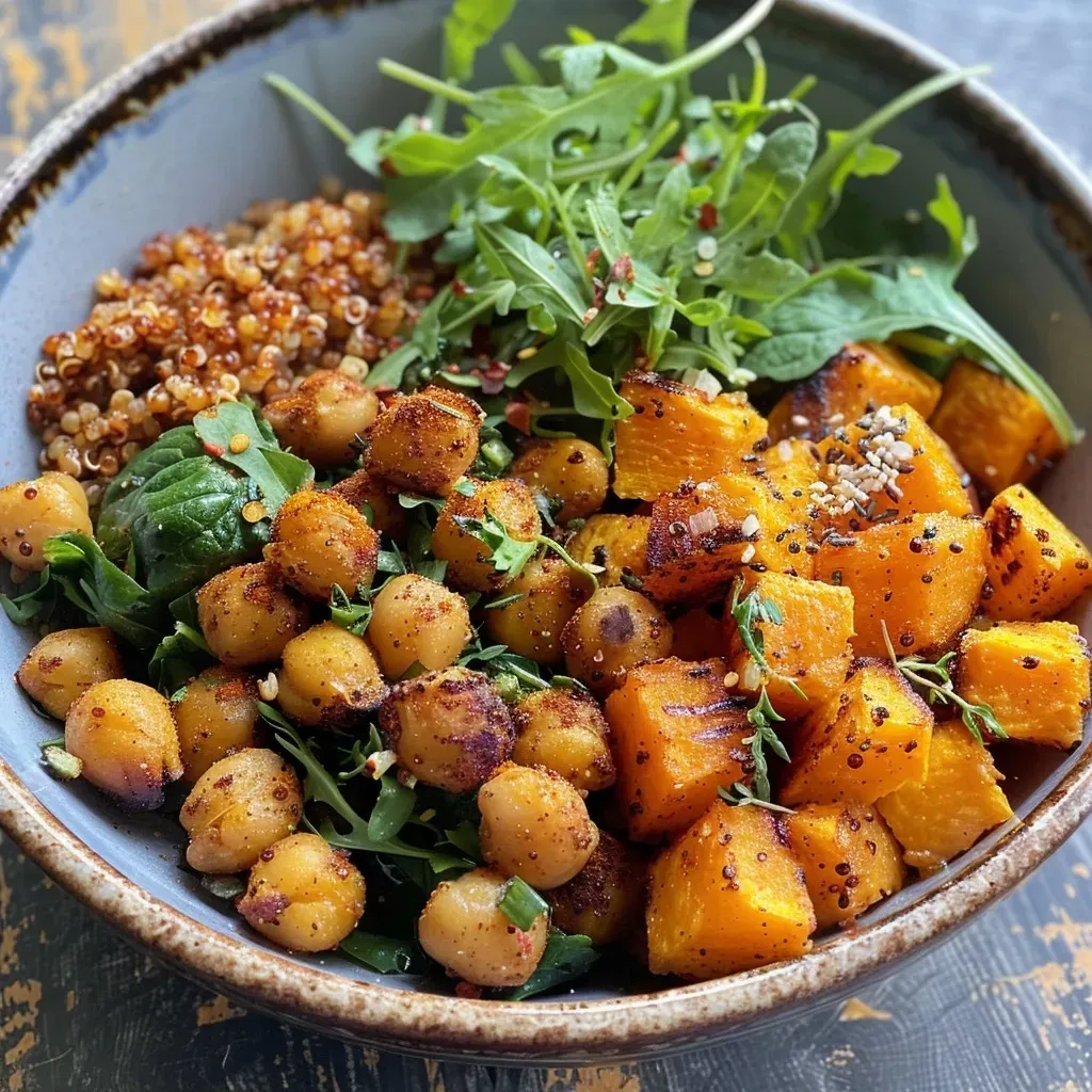 Close-up view of a colorful bowl filled with roasted butternut squash and chickpeas on a wooden table.