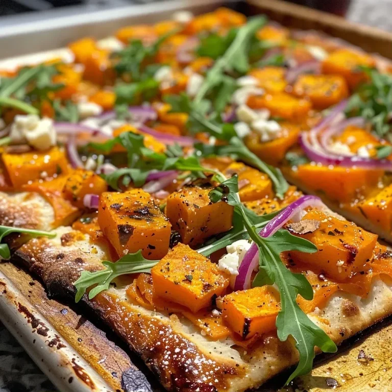 A Cozy Flatbread Adventure with Roasted Butternut Squash Close-up view of a roasted butternut squash flatbread topped with arugula and feta cheese.