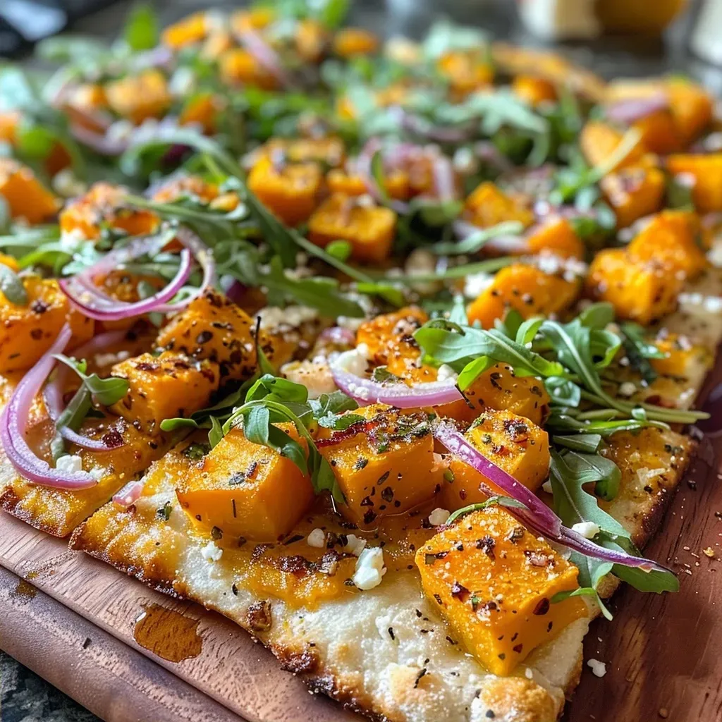 Side angle of a delicious roasted butternut squash flatbread, highlighting its vibrant toppings.