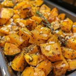 Close-up of roasted butternut squash filled with corn, zucchini, and creamy cheese.