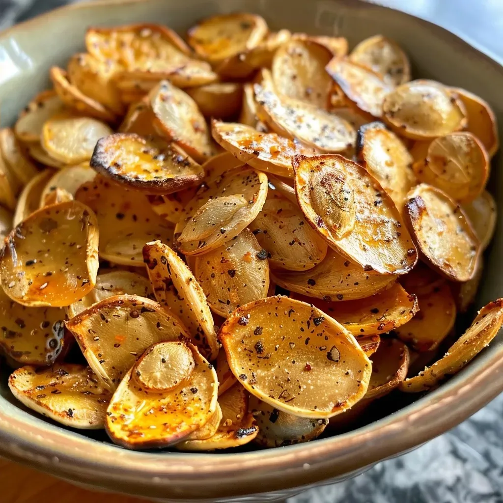 Juicy roasted butternut squash seeds displayed in a wooden bowl, side view.