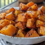 Close-up of roasted butternut squash slices with a golden-brown color.