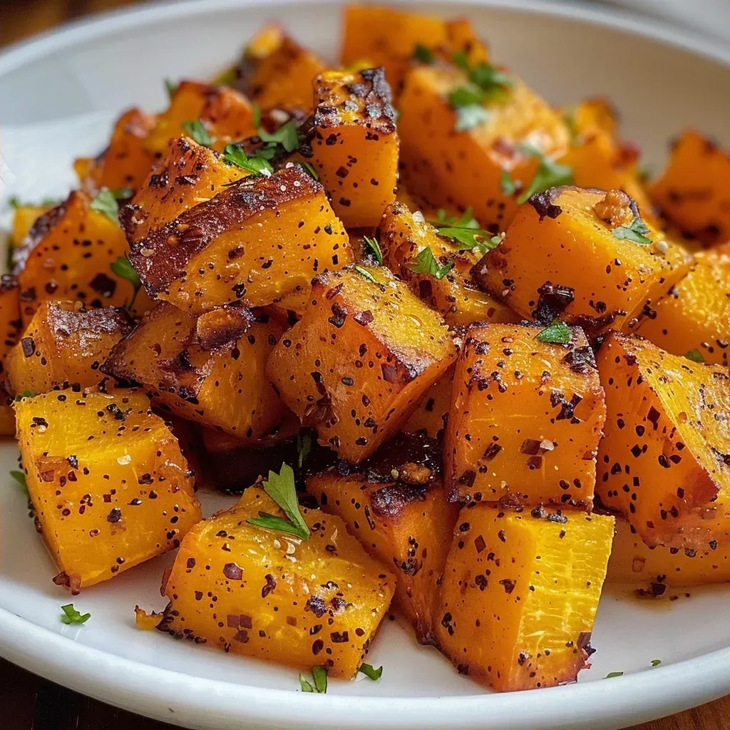 Side view of juicy roasted butternut squash garnished with herbs.