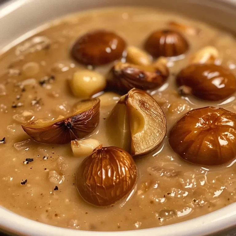 Warm Up with a Bowl of Roasted Chestnut Soup: A Cozy Delight Close-up view of creamy roasted chestnut soup in a bowl.