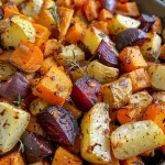 A vibrant assortment of roasted root vegetables including carrots, parsnips, beets, sweet potatoes, and red onion.