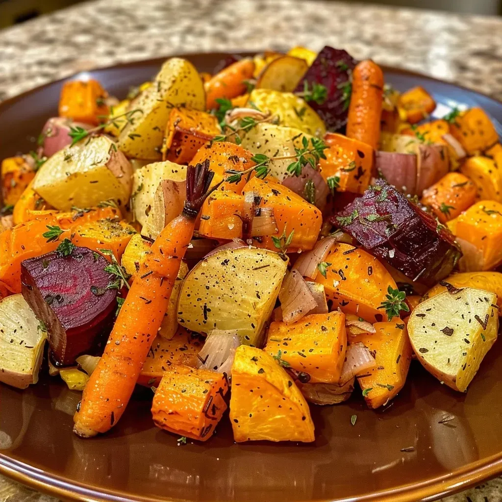 Close-up view of golden roasted carrots, parsnips, and purple beets arranged on a plate.