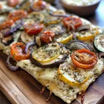 Close-up of a roasted vegetable flatbread topped with colorful veggies and cheese.