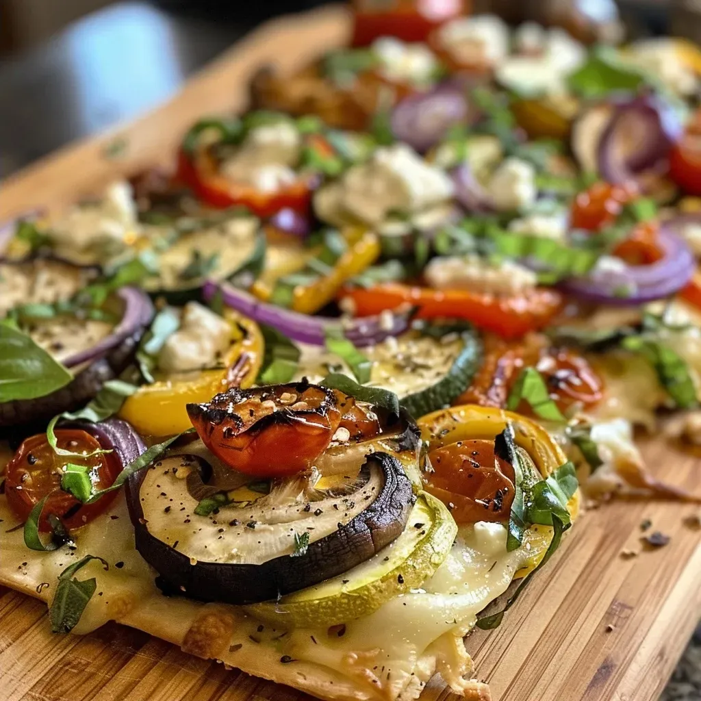 Side view of a delicious roasted vegetable flatbread with a variety of toppings.