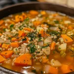 A close-up side view of a steaming bowl of root vegetable soup, showcasing vibrant colors and textures.