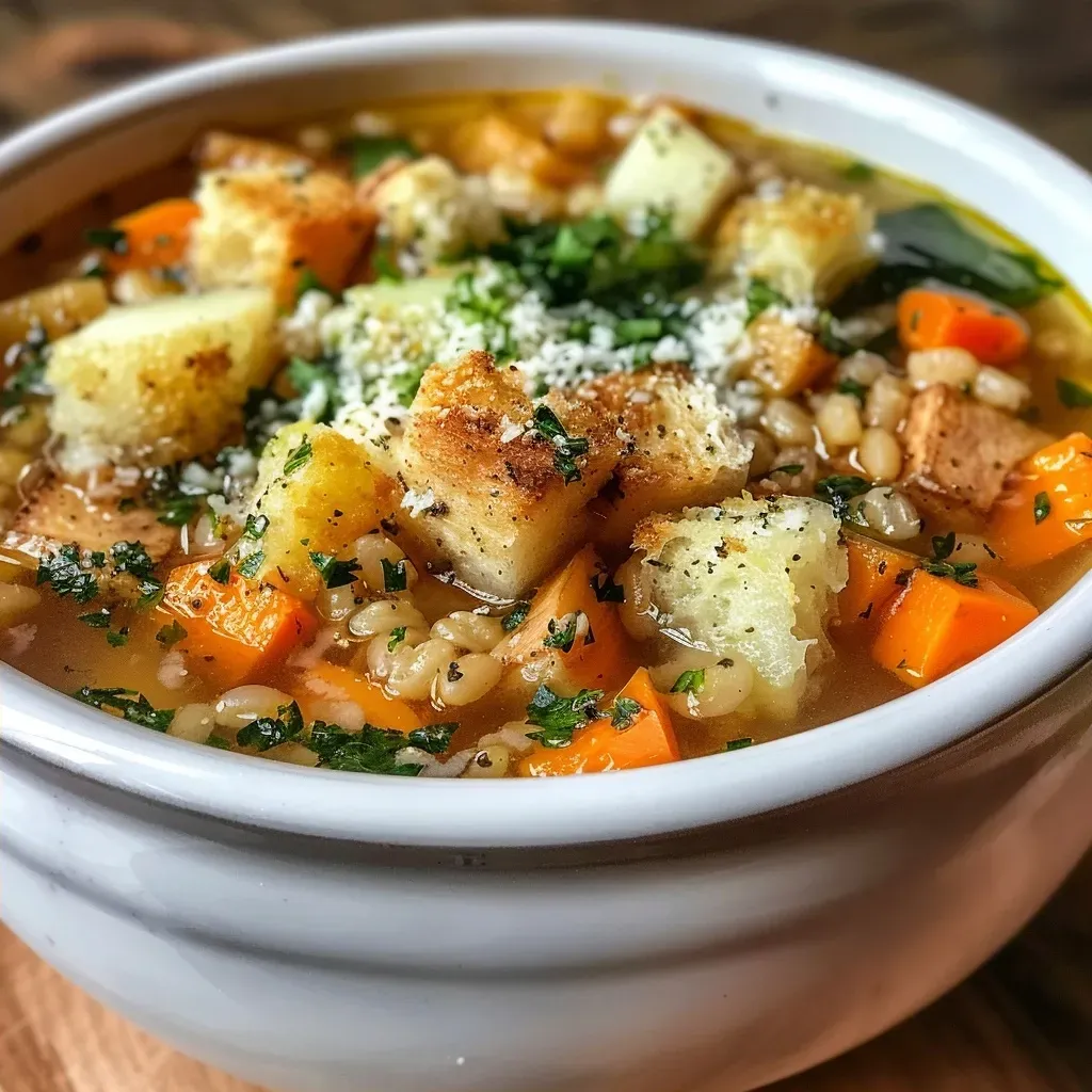 A detailed shot of a bowl filled with root vegetable soup, featuring chunks of sweet potatoes, carrots, and green spinach.