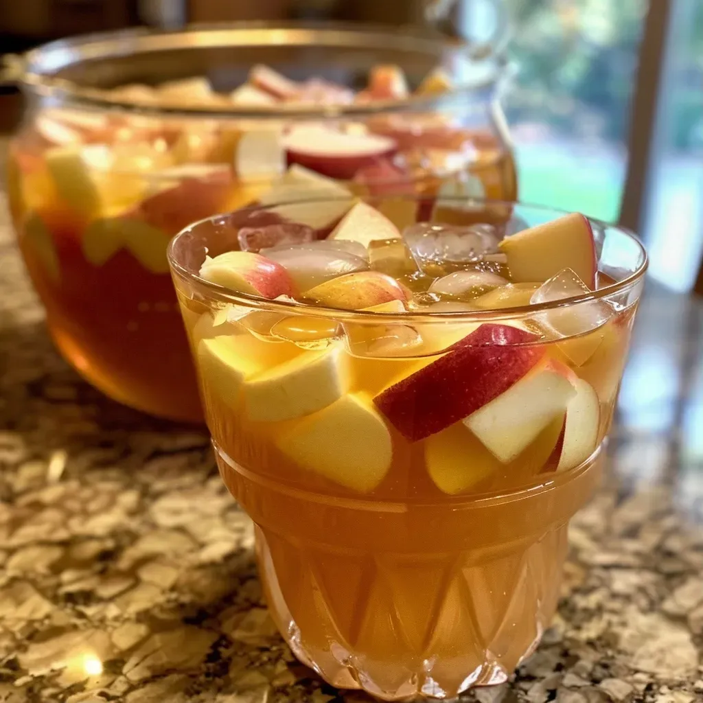 Close-up of a glass filled with chilled Salted Caramel Apple Punch, garnished with apple slices.