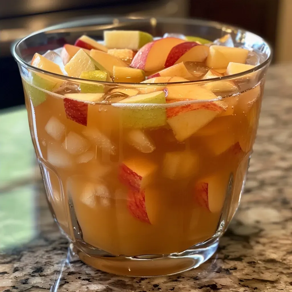 Side view of a refreshing drink with caramel drizzle on top, showcasing a mix of apple cider and ginger ale.