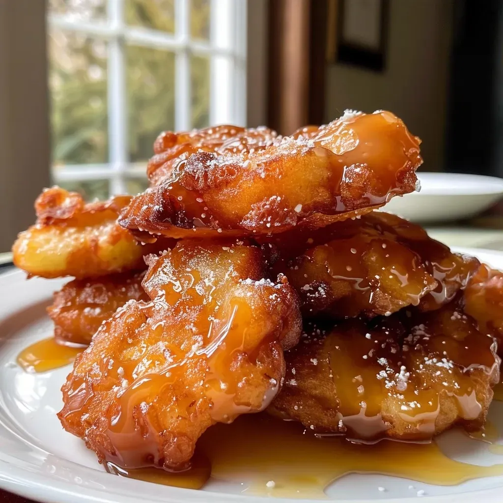 Close-up view of golden-brown Salted Caramel Pear Fritters drizzled with caramel sauce.