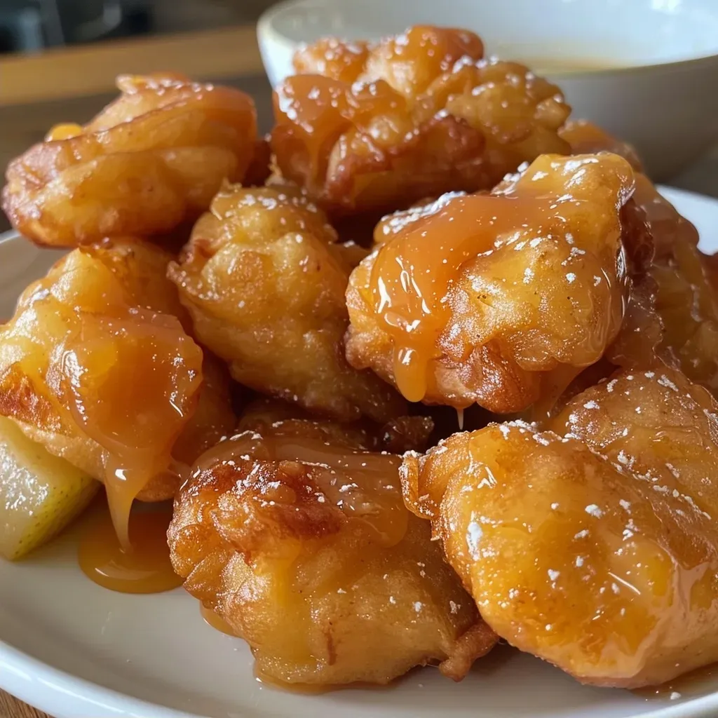 Side view of crispy Salted Caramel Pear Fritters with pear chunks visible inside.