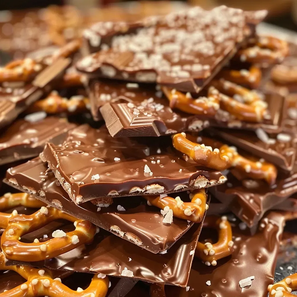 Side view of a decadent salted caramel pretzel bark topped with flaky sea salt.