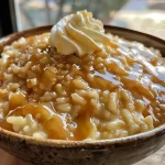 Close-up view of a creamy salted caramel risotto with a glossy finish.