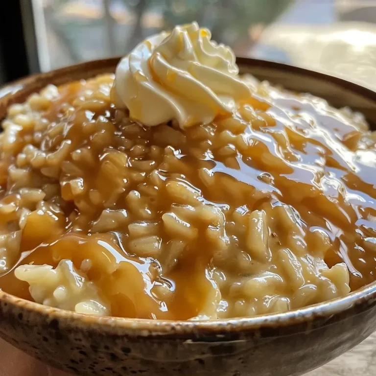Close-up view of a creamy salted caramel risotto with a glossy finish.