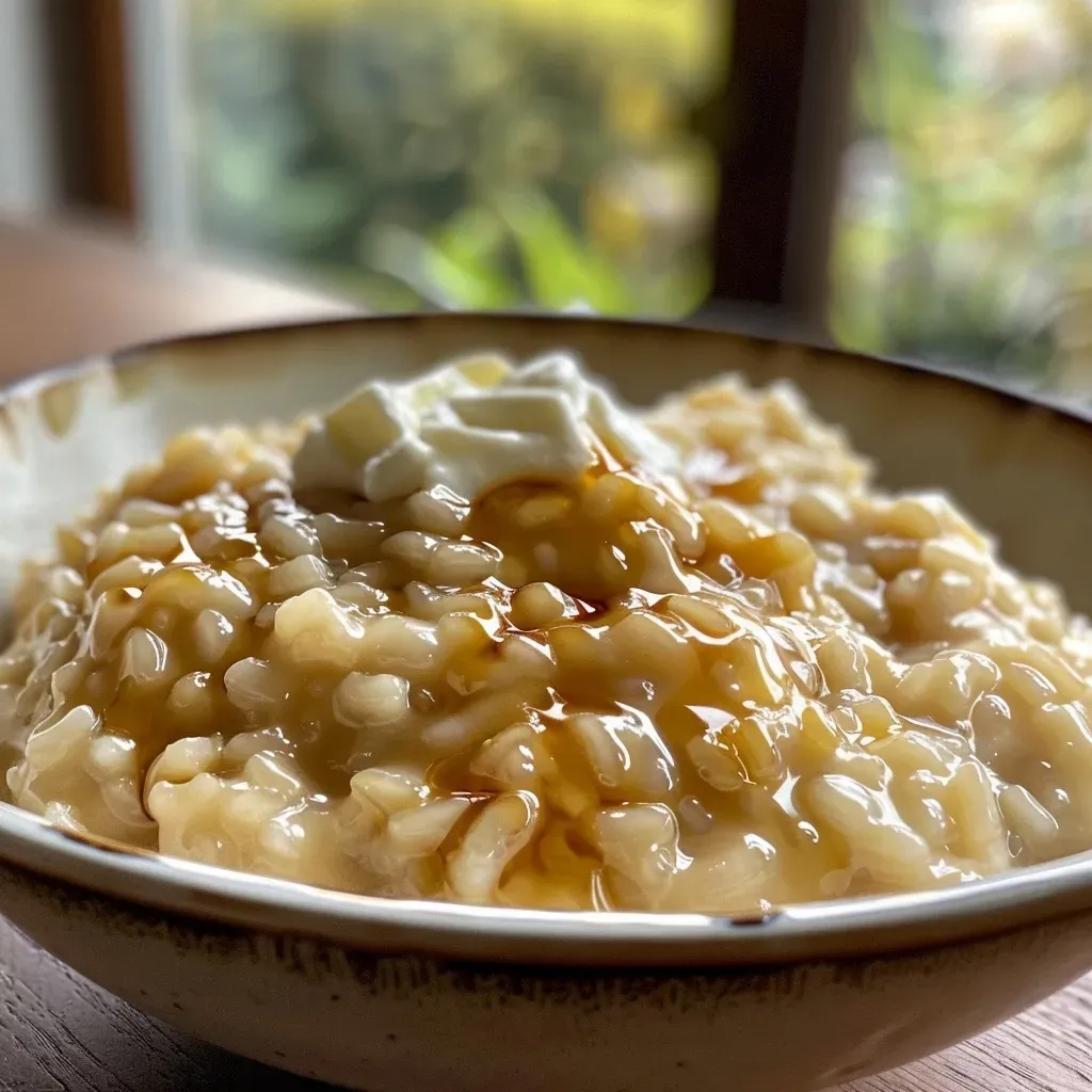 Side view of a bowl of salted caramel risotto, showing its rich texture and garnishes.