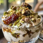 Close-up view of a layered Salted Date and Pistachio Yogurt Parfait in a clear glass.