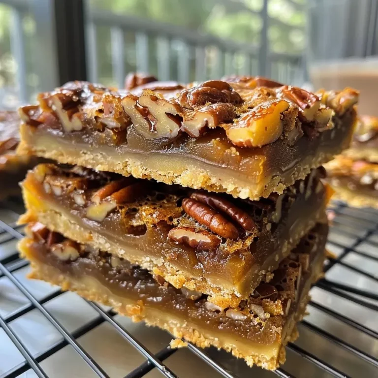 Close-up side view of Salted Maple Pecan Pie Bars with a glossy topping and pecans.