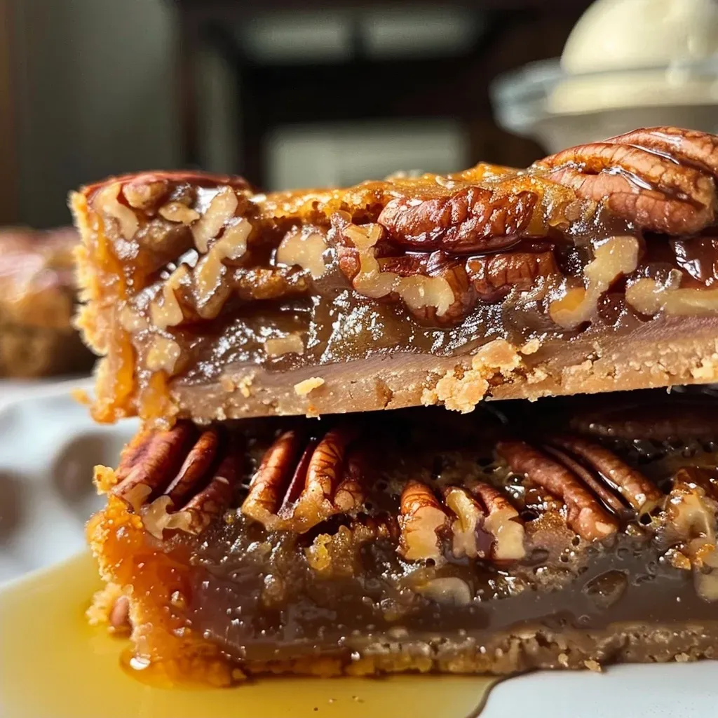 Tantalizing Salted Maple Pecan Pie Bars displayed with a rich caramel drizzle and sprinkled salt.