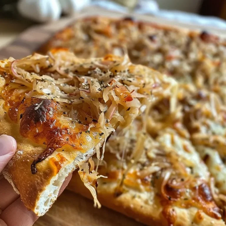 Close-up view of a slice of sauerkraut pizza topped with Thüringer sausage.
