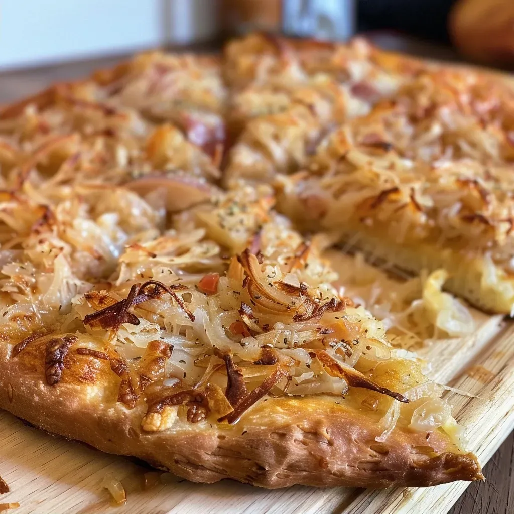 Side view of sauerkraut pizza displaying its golden crust and toppings.