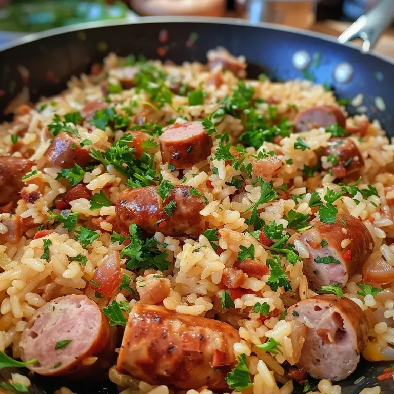 Your New Favorite Weeknight Wonder: Hearty Sausage Rice Skillet Close-up view of a colorful sausage and rice dish in a skillet.
