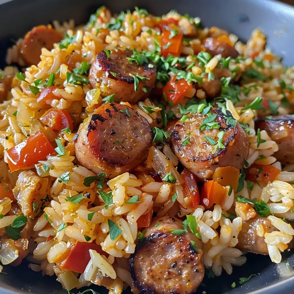 Juicy sausage and vibrant vegetables mixed with rice in a pan.