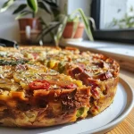 Close-up side view of a savory paprika cake with vibrant colored peppers and chorizo.