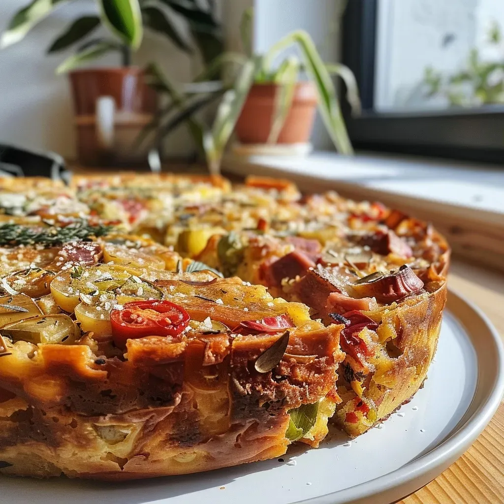 Close-up side view of a savory paprika cake with vibrant colored peppers and chorizo.
