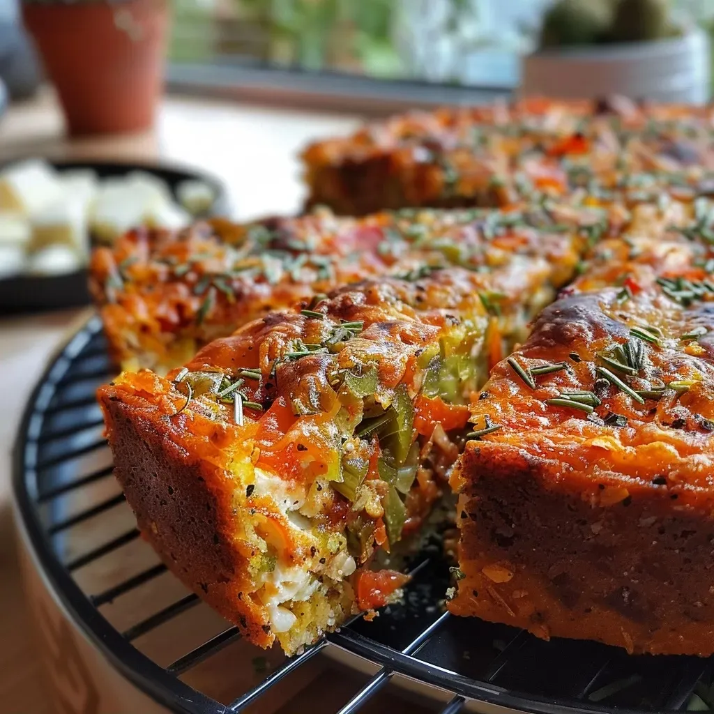 A slice of paprika cake showing a golden crust and colorful filling of peppers and chorizo.