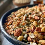 A close-up view of a colorful Savoury Trail Mix in a bowl.