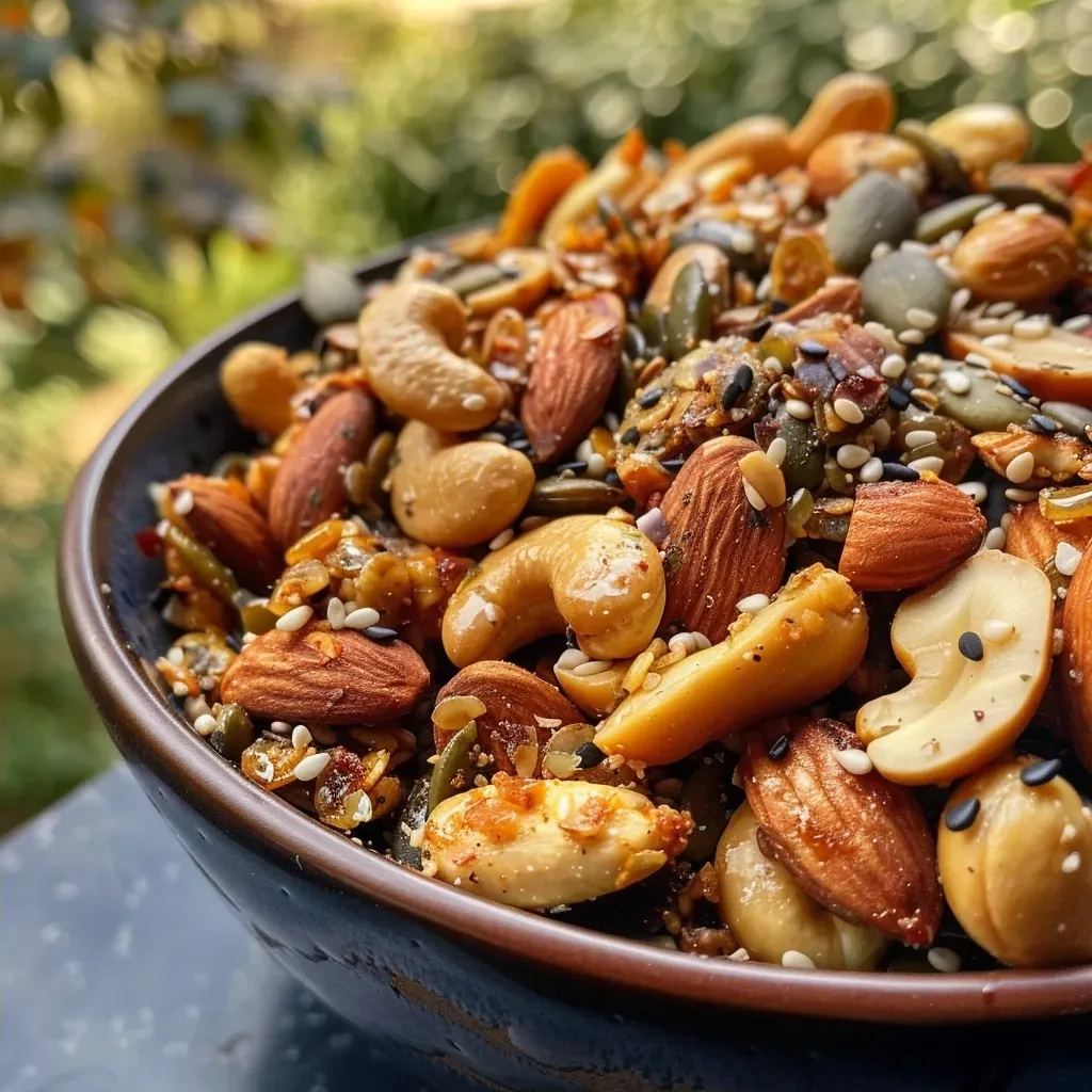 A vibrant assortment of nuts and seeds in Savoury Trail Mix format.