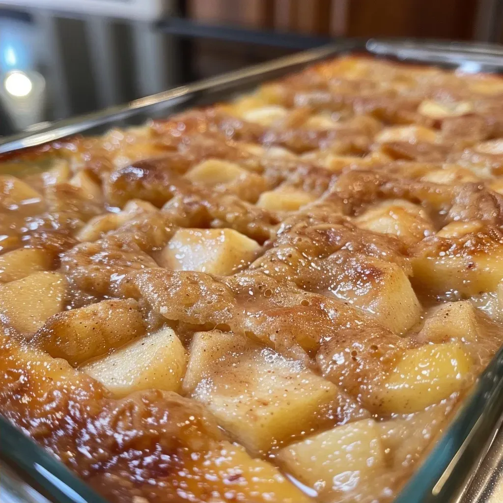 Detailed shot of self-saucing apple pudding, showcasing the gooey sauce and diced apples on top.