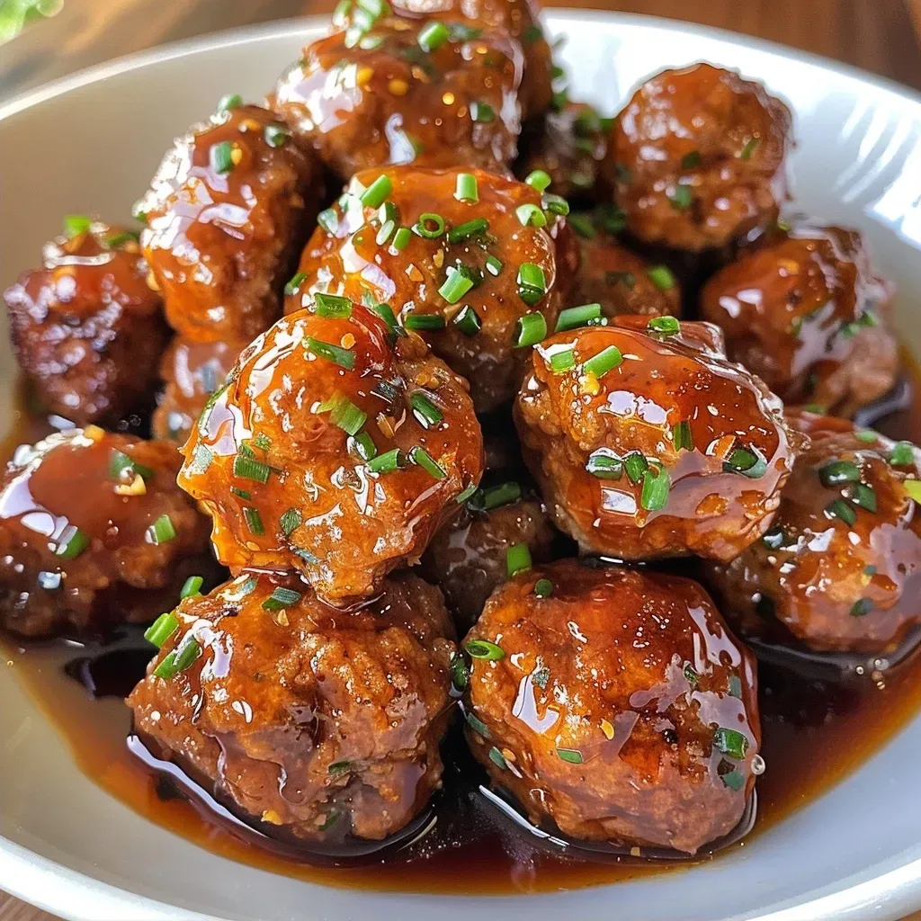 Juicy meatballs drenched in syrup, highlighting their savory texture.