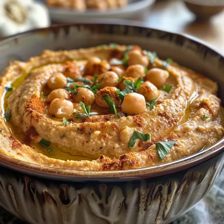 Close-up view of a bowl of smoked paprika hummus with a swirl of olive oil on top.
