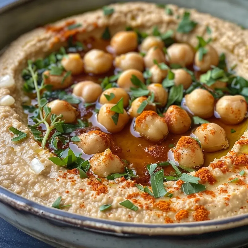 Side angle of creamy smoked paprika hummus garnished with a sprinkle of paprika.