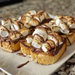 Close-up shot of S'mores Twisted Toast with melted chocolate and toasted marshmallows.