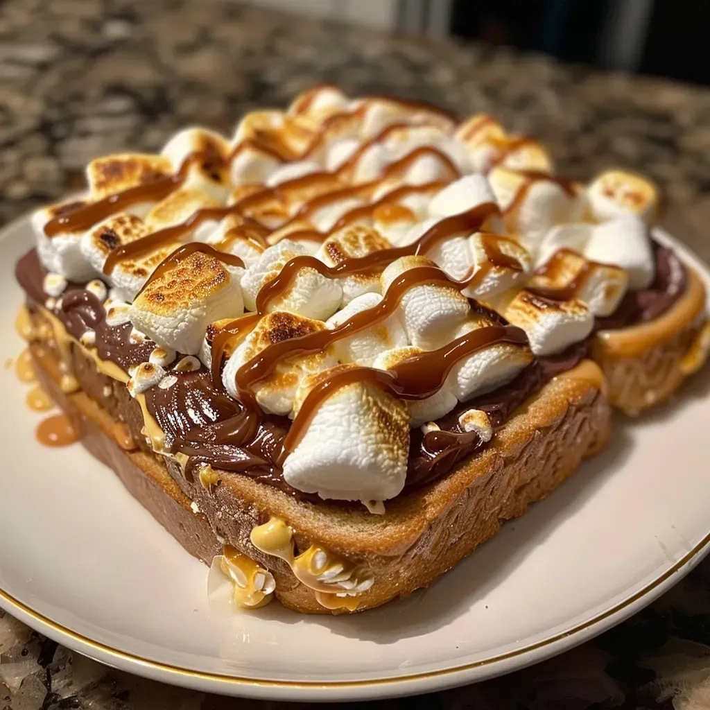 Side view of a delicious S'mores Twisted Toast featuring Nutella and fluffy marshmallows.