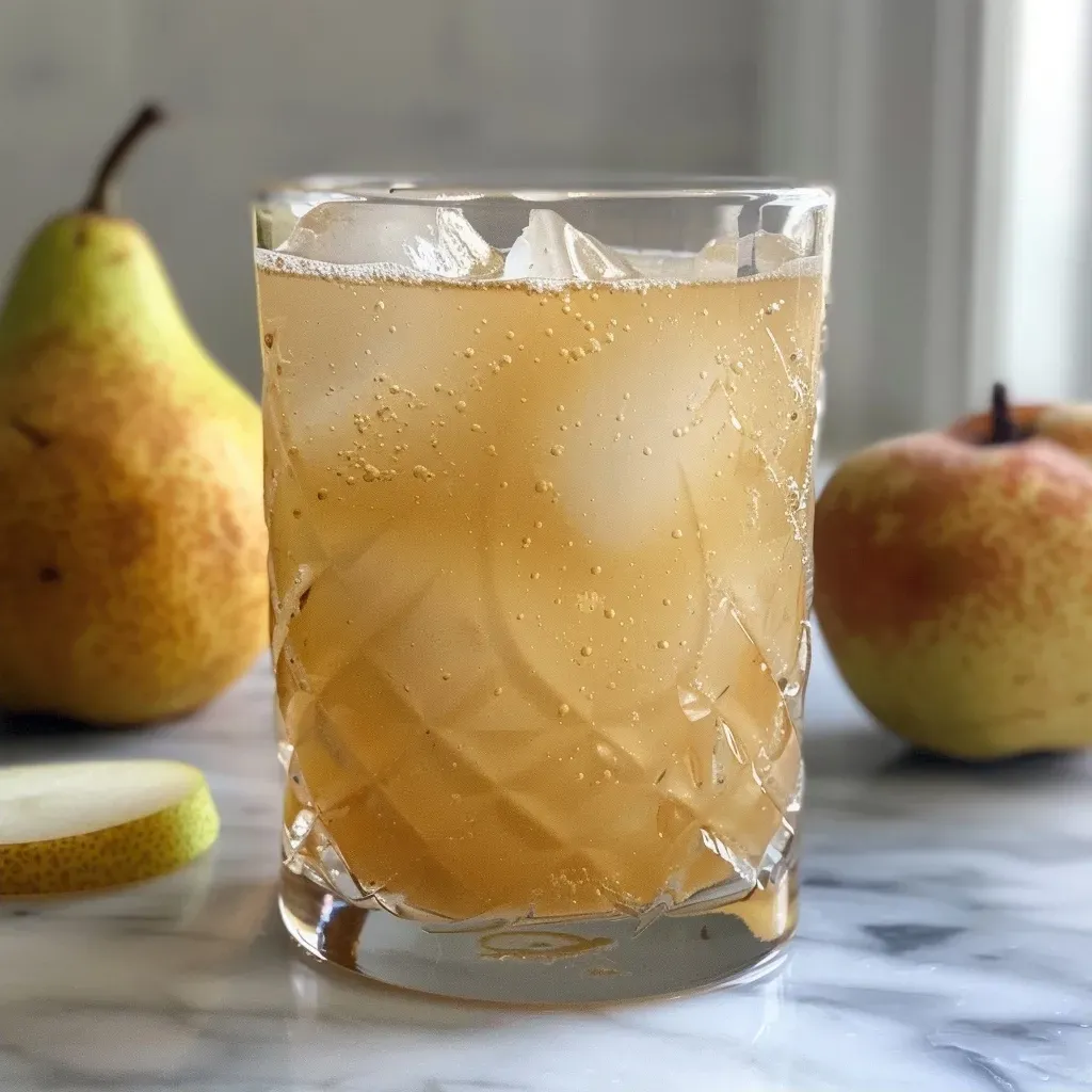 Side view of a refreshing cocktail featuring pear and ginger, garnished with a slice of pear.