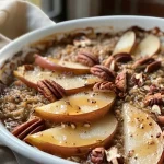 Close-up view of spiced baked oatmeal topped with diced pears and pecans.